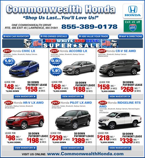 Commonwealth Honda 6 Commonwealth Dr. Lawrence, MA 01841 Sales Hours Sunday: Monday: 9:00 am - 7:00 pm Tuesday: 9:00 am - 7:00 pm Wednesday: 9:00 am - 7:00 pm …